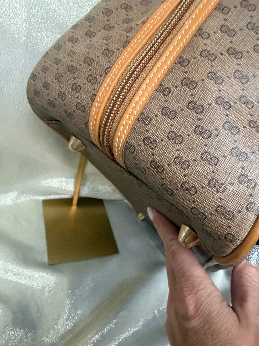 Gucci Monogram Travel Bag with Sherry Line and Tan Leather